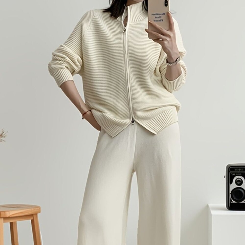 Casual Knit Zip-Up Cardigan and Wide-Leg Pants Set